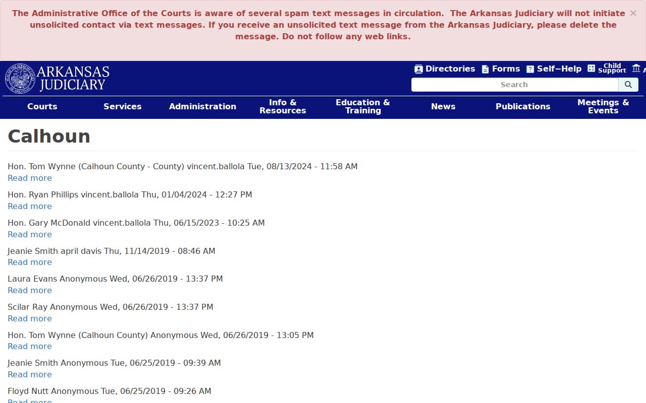 Calhoun County criminal court cases Arkansas Judiciary directory